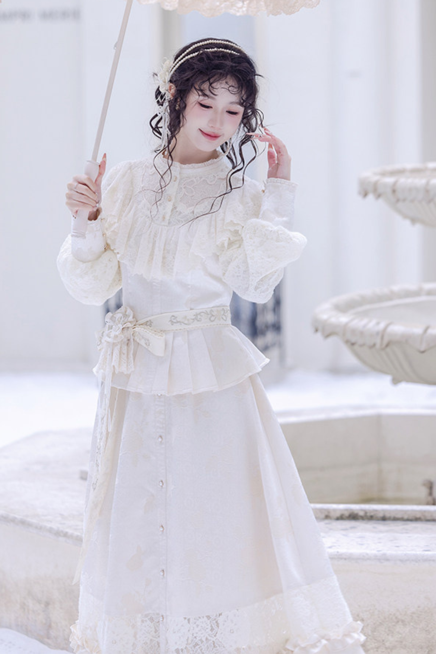 Lace Patchwork Top + Long Skirt + Belt