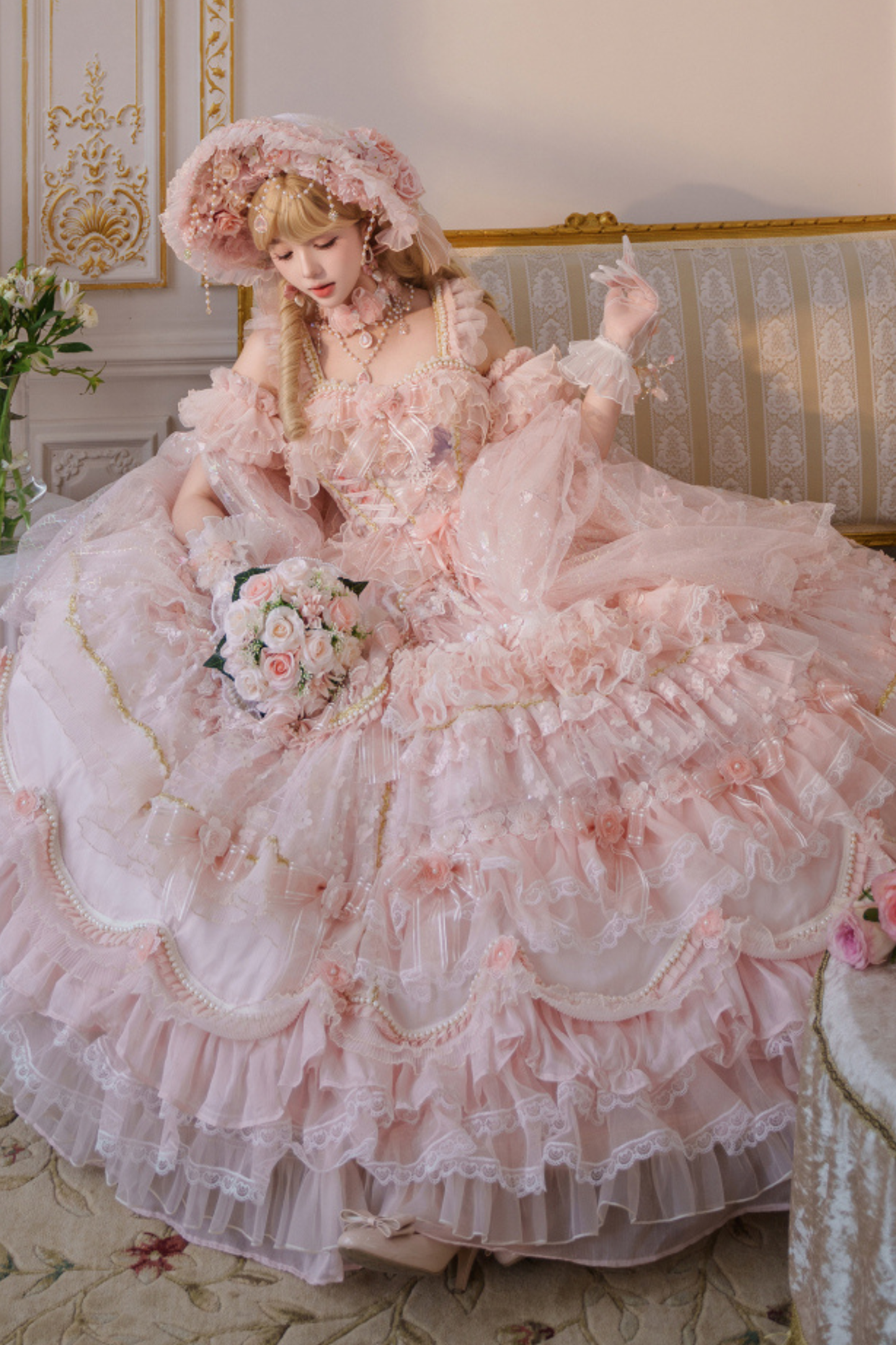 Sweet Flower Tea Party Lolita Accessory Hat + Veil + Necklace + Gloves + Scepter
