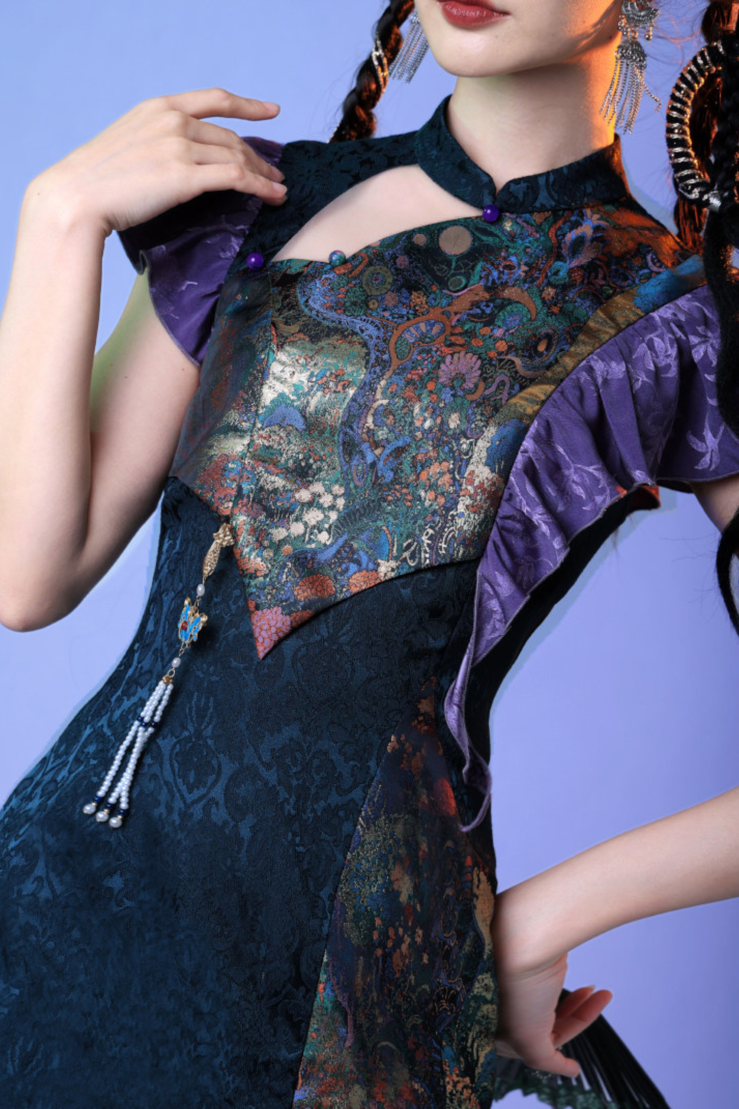 Colorful Weave Pleated Cheongsam Dress