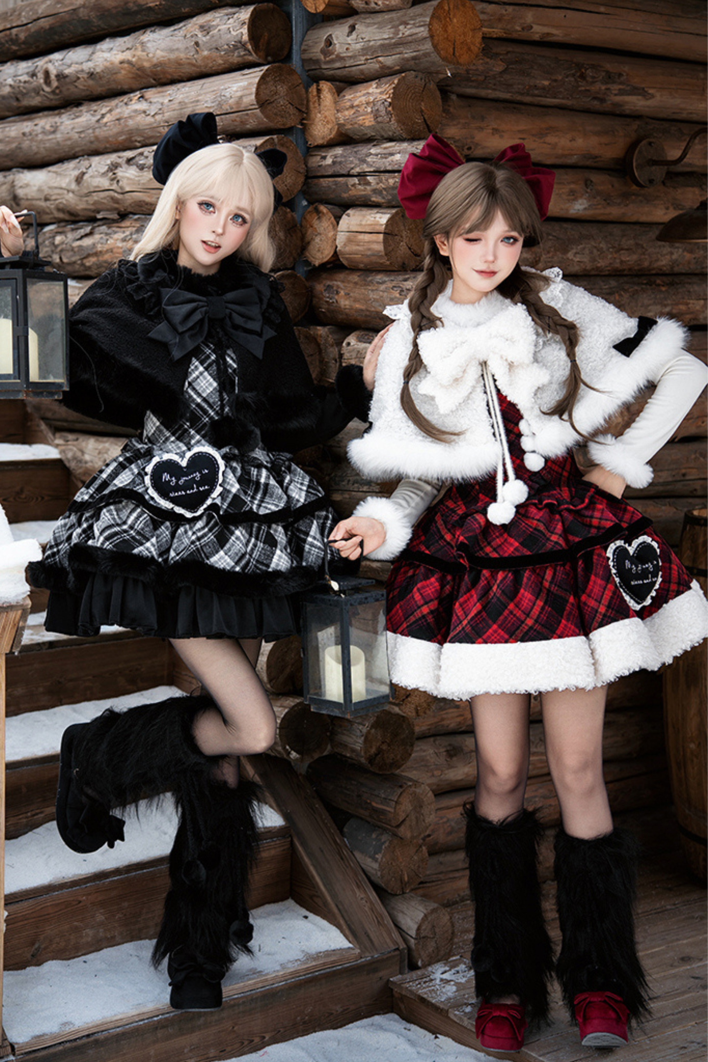 Checked Doll Jumper Skirt + Bow Brooch + Pin + Love Brooch + Shawl + Top + Leg Warmers