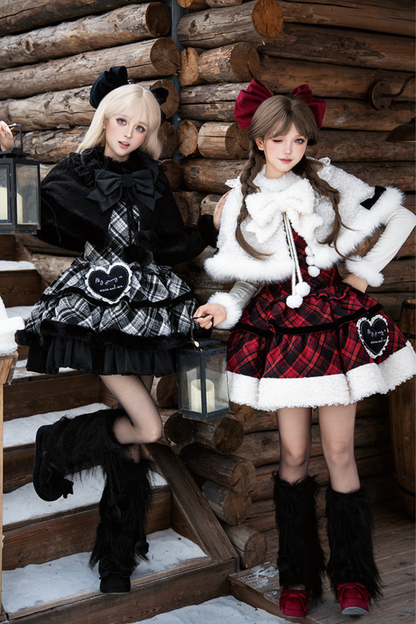Checked Doll Jumper Skirt + Bow Brooch + Pin + Love Brooch + Shawl + Top + Leg Warmers
