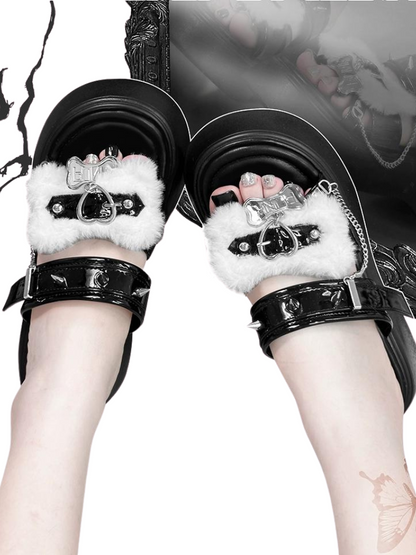 Punk Rivet Fur Chain Platform Flat Sandal