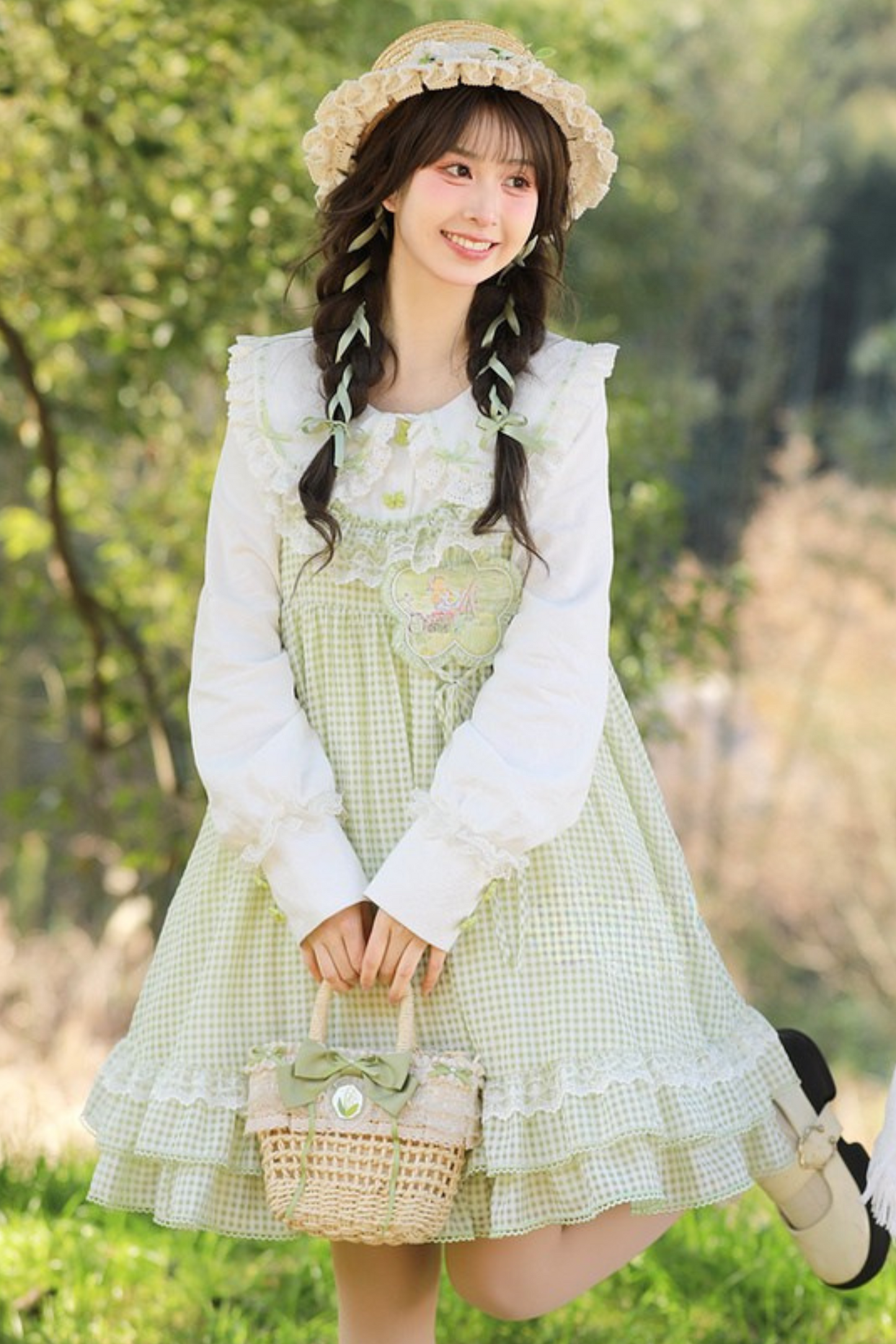 Lace Retro Doll Shirt + Gingham Plaid Sleeveless Dress