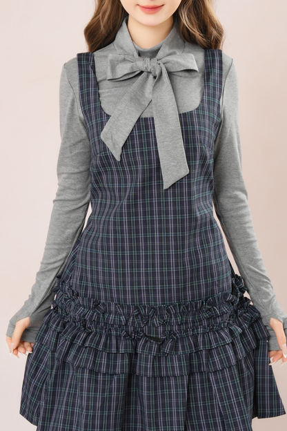 Dark French Ruffle Plaid Sleeveless Dress + Shirt