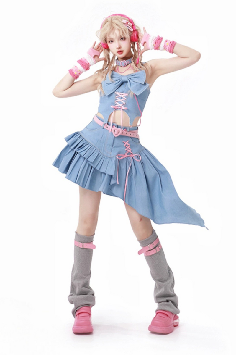 Y2k Denim Lace-up Top + Asymmetrical Ruffle Skirt