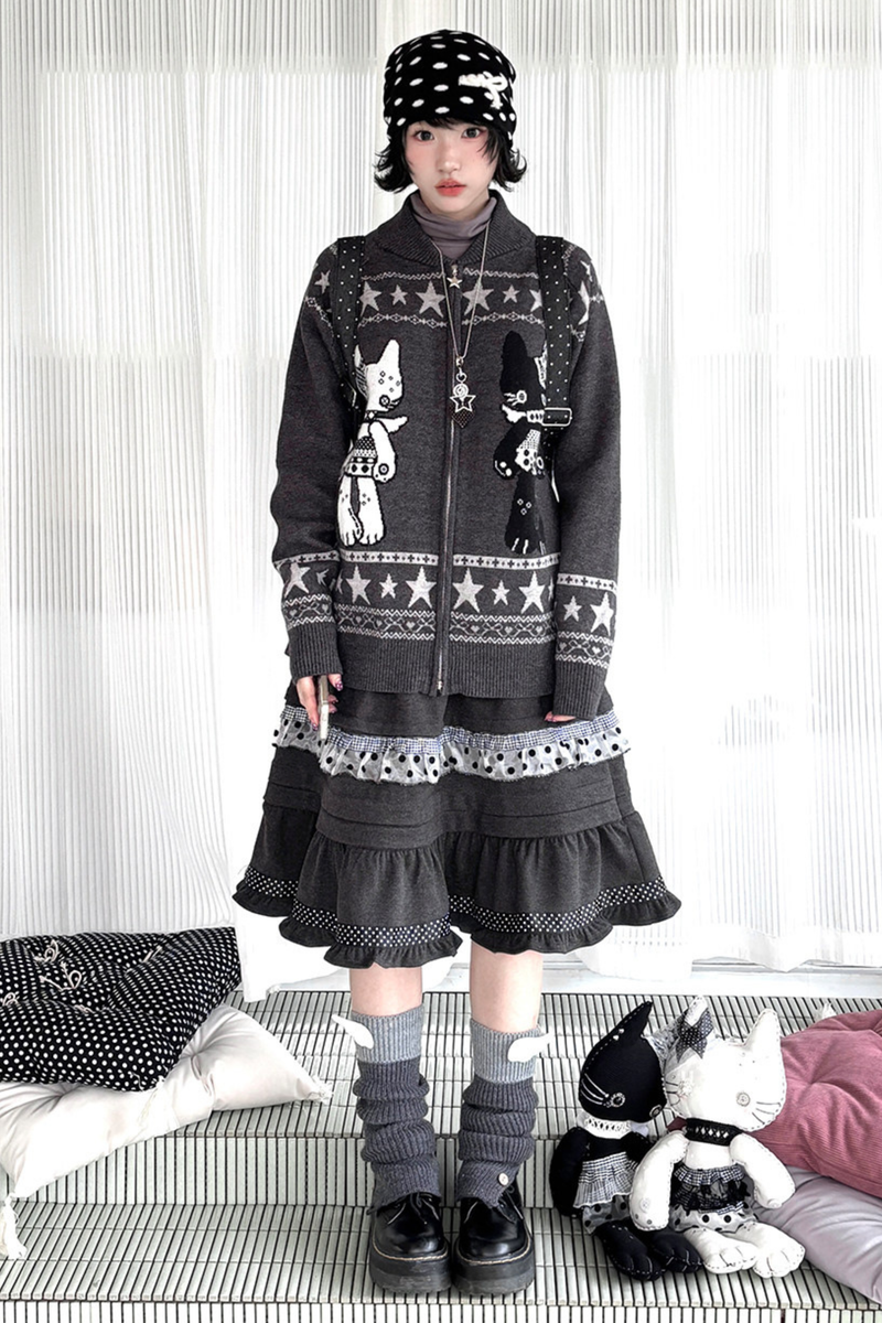 Y2k Jacquard Cardigan + Flared Skirt