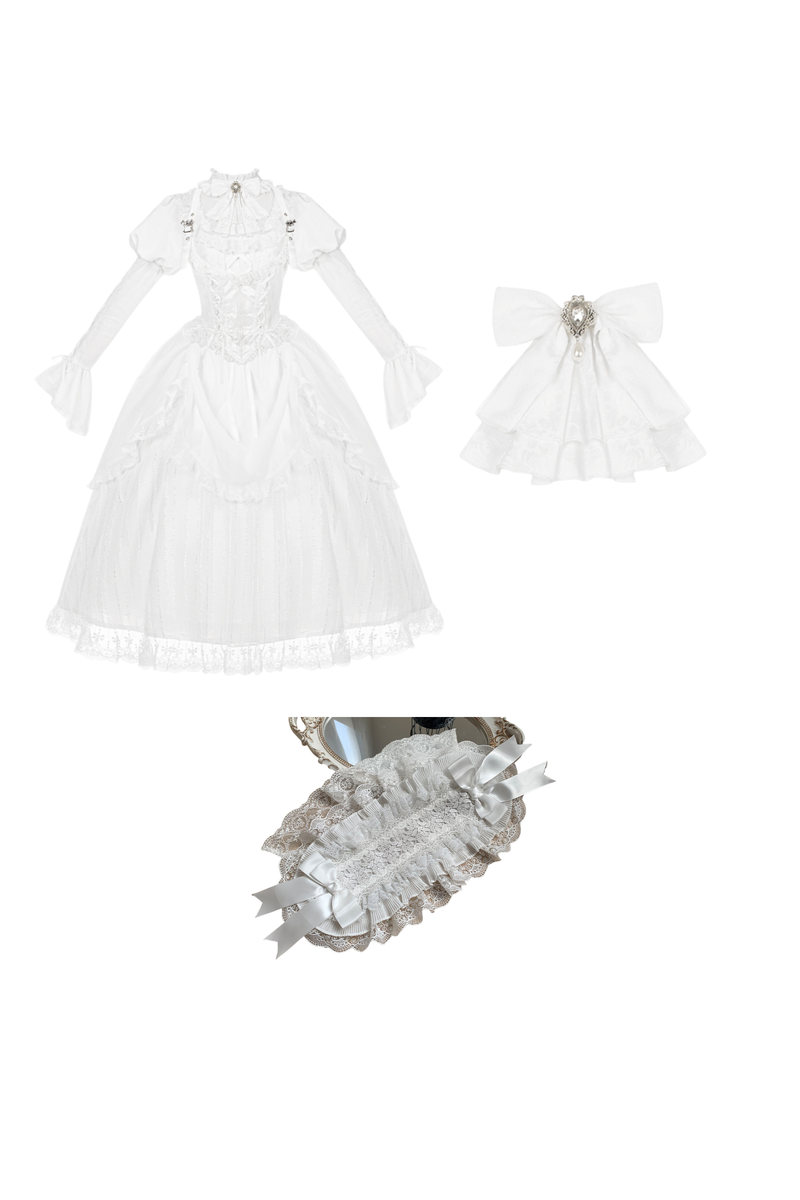 White Gothic Gemini Lolita Dress + Corset + Ribbon + Headband + Veil