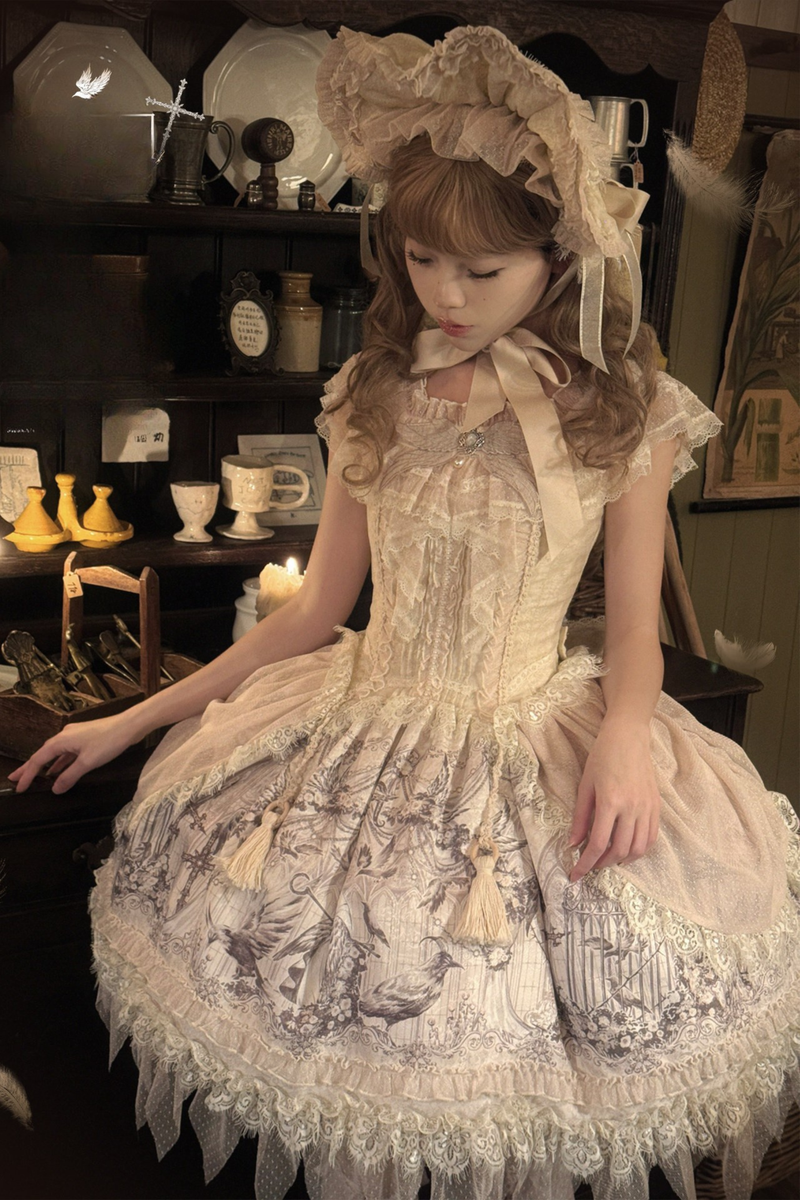 [pre-order] Sweet Lolita Feather Dress + Bonnet + Clips