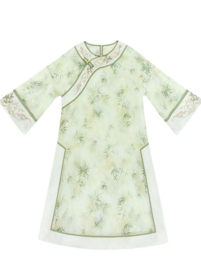 Summer Green Retro Chinese-style Top + Inner Camisole + Long Skirt
