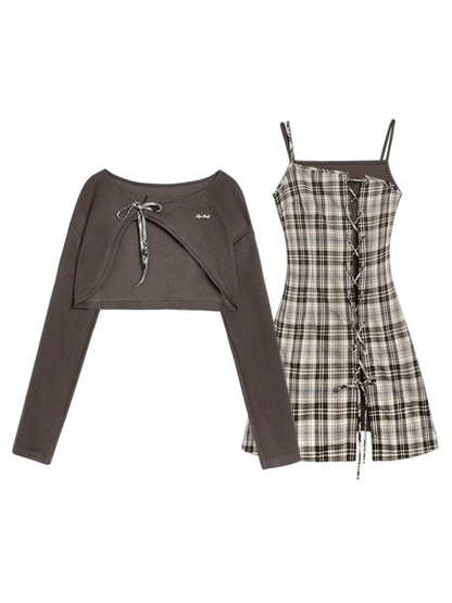 Logo Sweat Top + Plaid Lace Up Camisole Dress