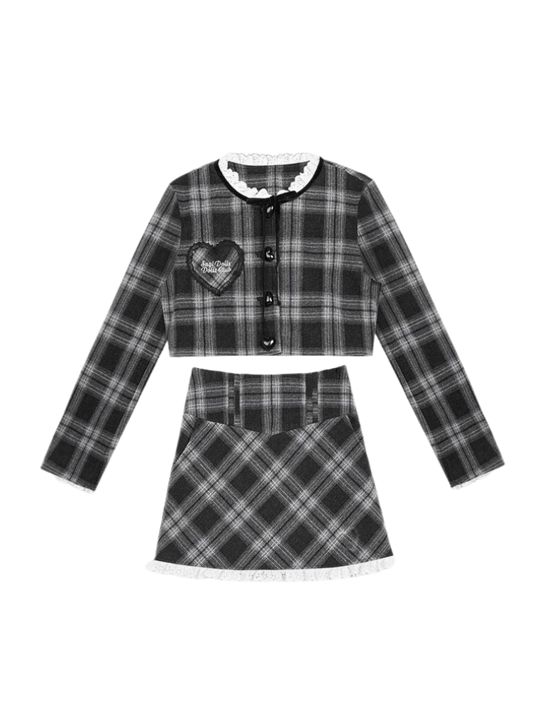 Dark Color Check Jacket + Lace Check Skirt