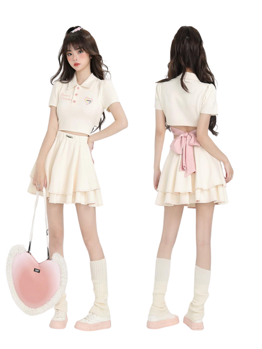 Back Ribbon Short Polo Collar Shirt + Ballet Style Skirt