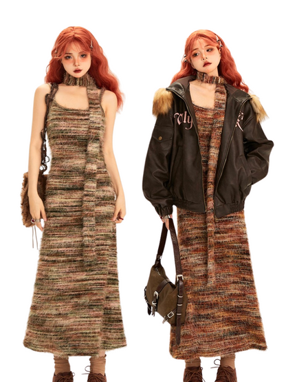 Contrast Color Striped Suspender Knit Dress