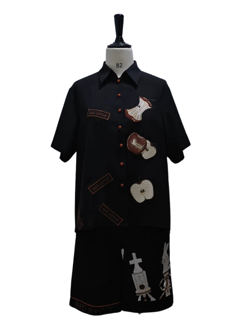 Bad Apple Embroidered Handsome Loose Summer Shirt Short Pants Set