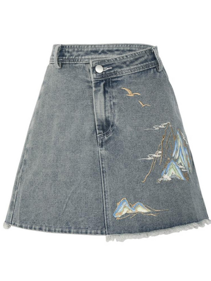 Chinese-style Design Polo Denim Jacket + Jacket + Short Jacket + Denim Skirt