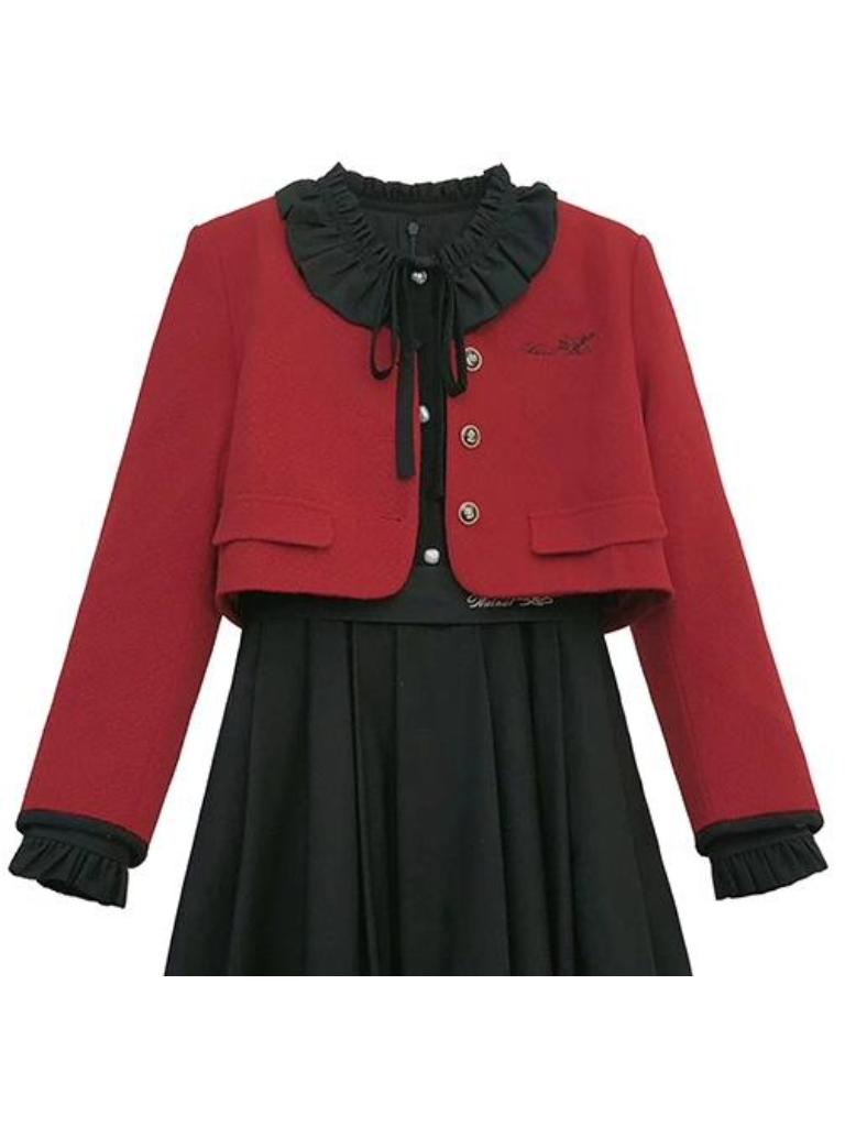 Retro Suit Red Short Jacket + Black Ruffle Lantern Sleeve Dress + Ribbon Tie