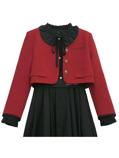 Retro Suit Red Short Jacket + Black Ruffle Lantern Sleeve Dress + Ribbon Tie
