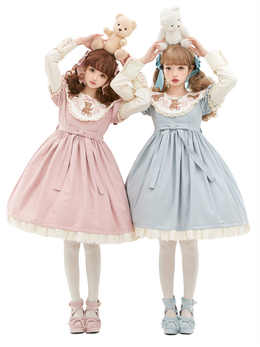 [pre-order] Lolita Teddy Bear Flap Lace Puff Sleeve Ribbon Dress