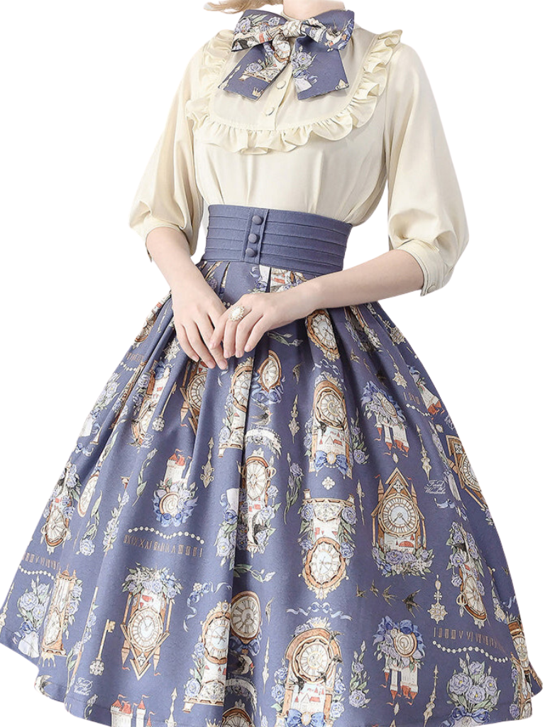 Eternal Echo Retro Classical Daily Lolita Print Shirt Skirt Set