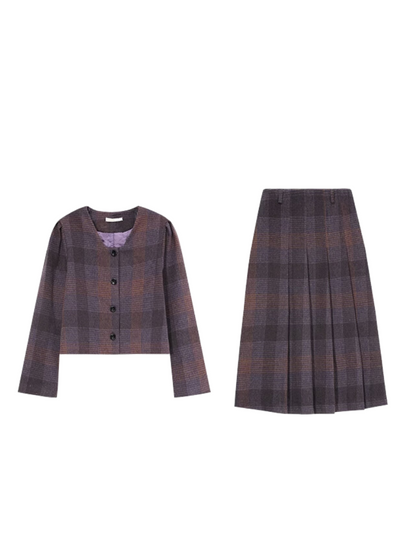 Retro Dark Purple Check Jacket + Long Skirt