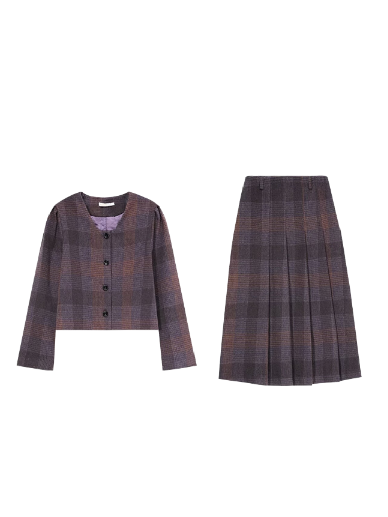 Retro Dark Purple Check Jacket + Long Skirt