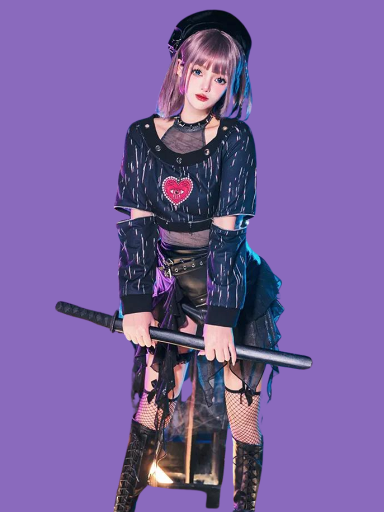 Punk Dark Heart Short Sweatshirt + Inner Top + Skirt + Hat + Necklace