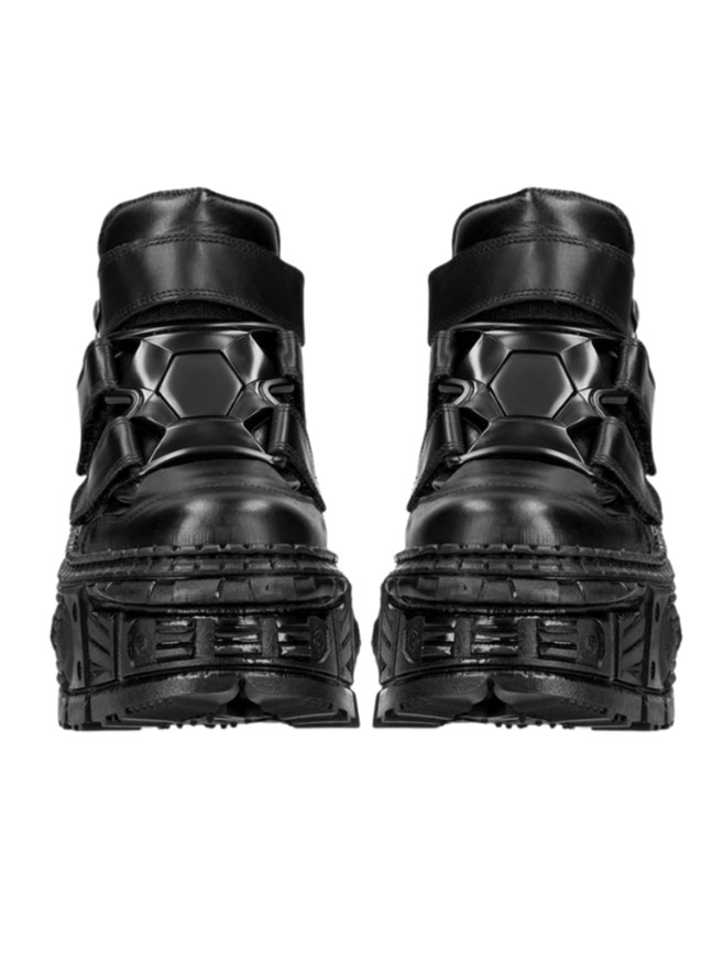 Dark Punk Style Platform Leather Metal High-top Shoes [plain/chain Nut]