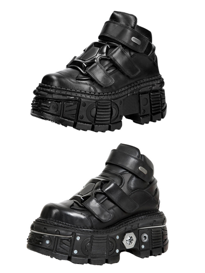 Dark Punk Style Platform Leather Metal High-top Shoes [plain/chain Nut]
