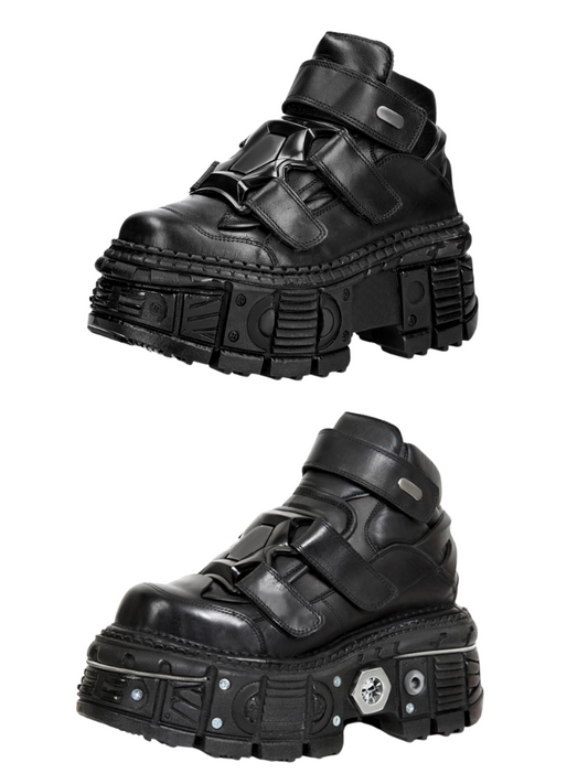Dark Punk Style Platform Leather Metal High-top Shoes [plain/chain Nut]