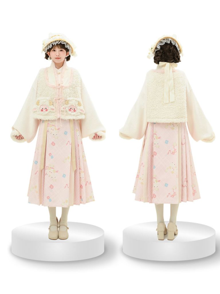 Chinese-style Retro Sheep Fur Vest + Pleated Skirt
