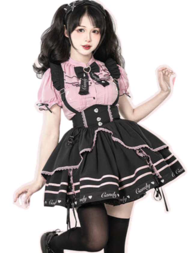 Berry Fleur Sweet Girl Blouse Black Pink Suspender Dress Set