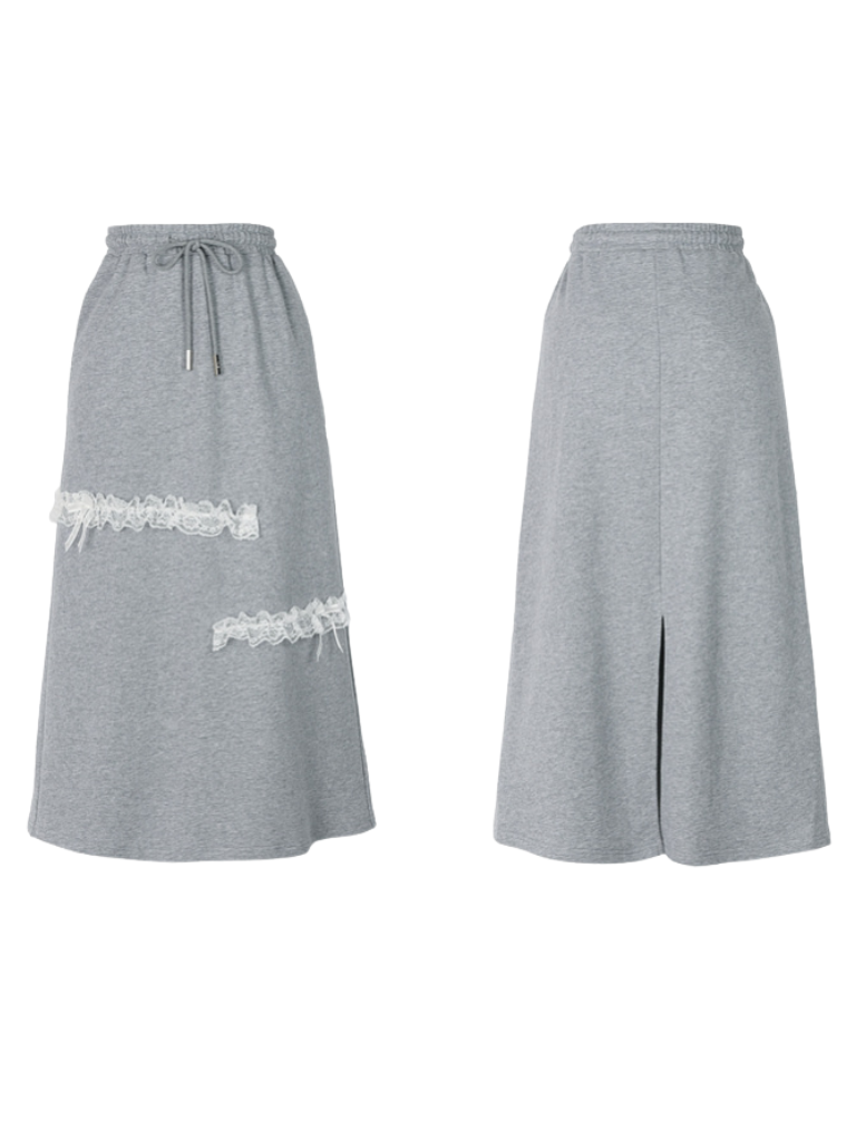 Lace Embroidery Gray Zip Hoodie + Gray Long Skirt [pre-order]
