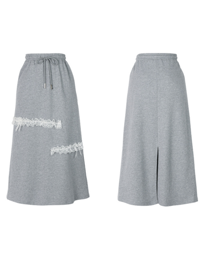 Lace Embroidery Gray Zip Hoodie + Gray Long Skirt [pre-order]