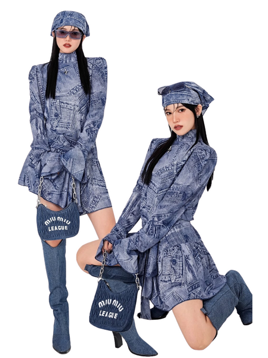 Denim Print Irregular Wide Shoulder High Neck Dress