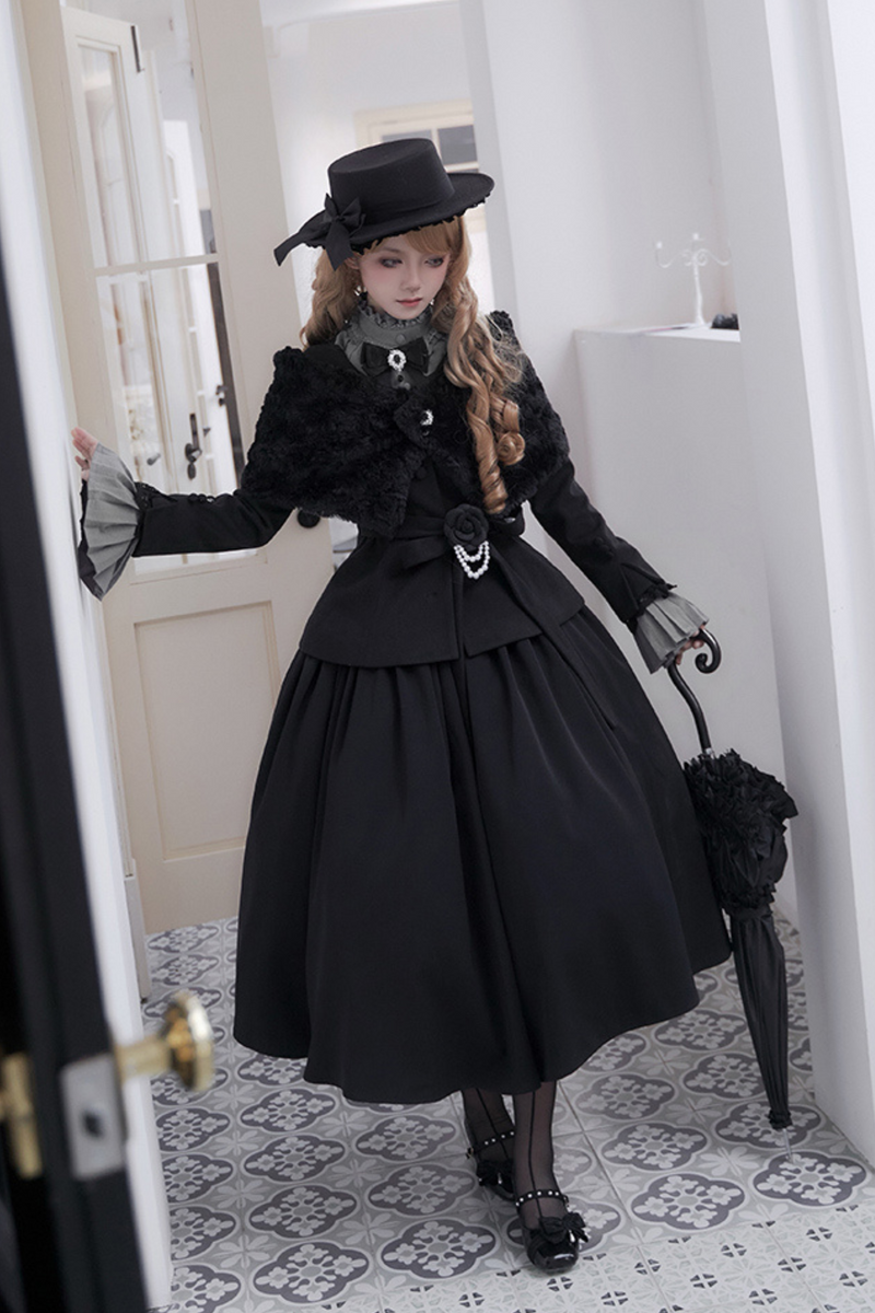 [pre-order] Dark Sweet Lolita Dress + Faux Collar + Necklace + Jacket + Ribbon + Sleeve + Fur Shawl