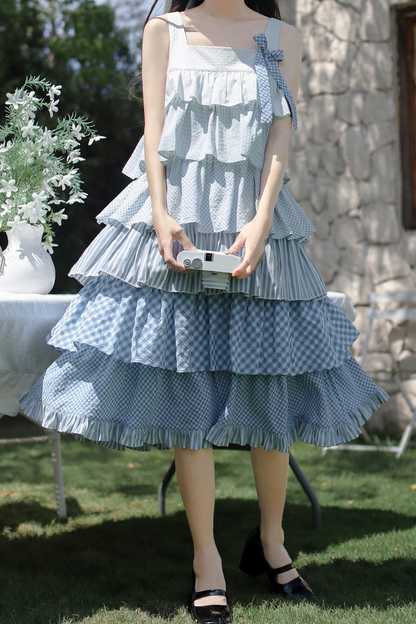 Sky Sweet Tiered Sleeveless Dress + Ribbon Brooch
