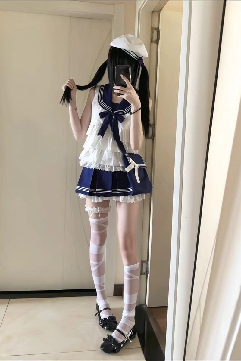 Sailor Ribbon Marine Top + Pleated Layered Skirt