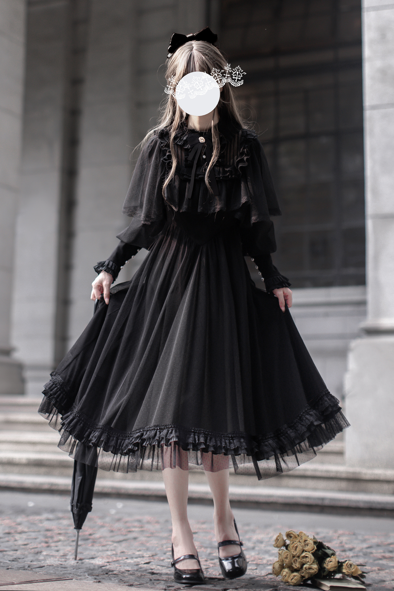 Dark Black Dot Gauze Shawl Dress