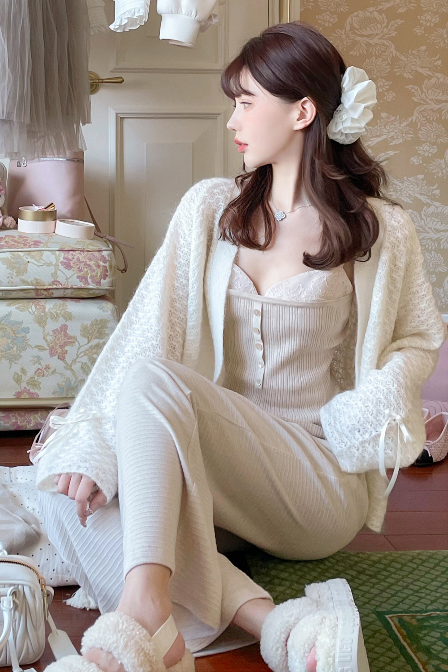 [pre-order] Ribbon Sweet Cardigan + Flare Skirt + Camisole