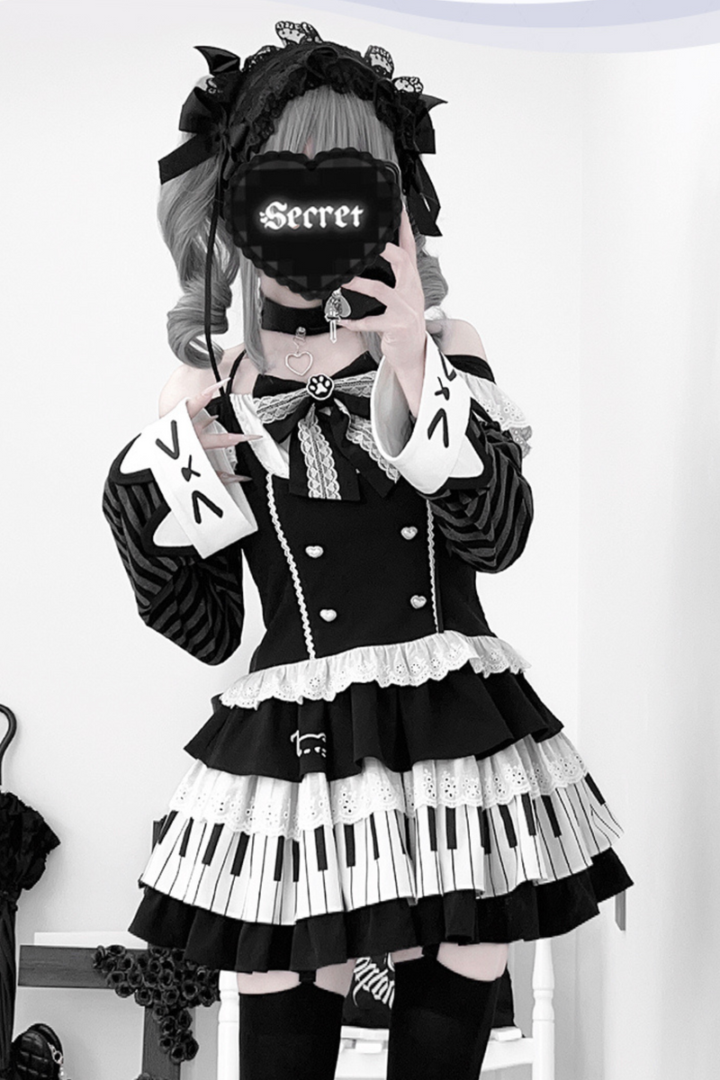 Dark Ruffle Top + Piano Skirt + Cat Sleeve