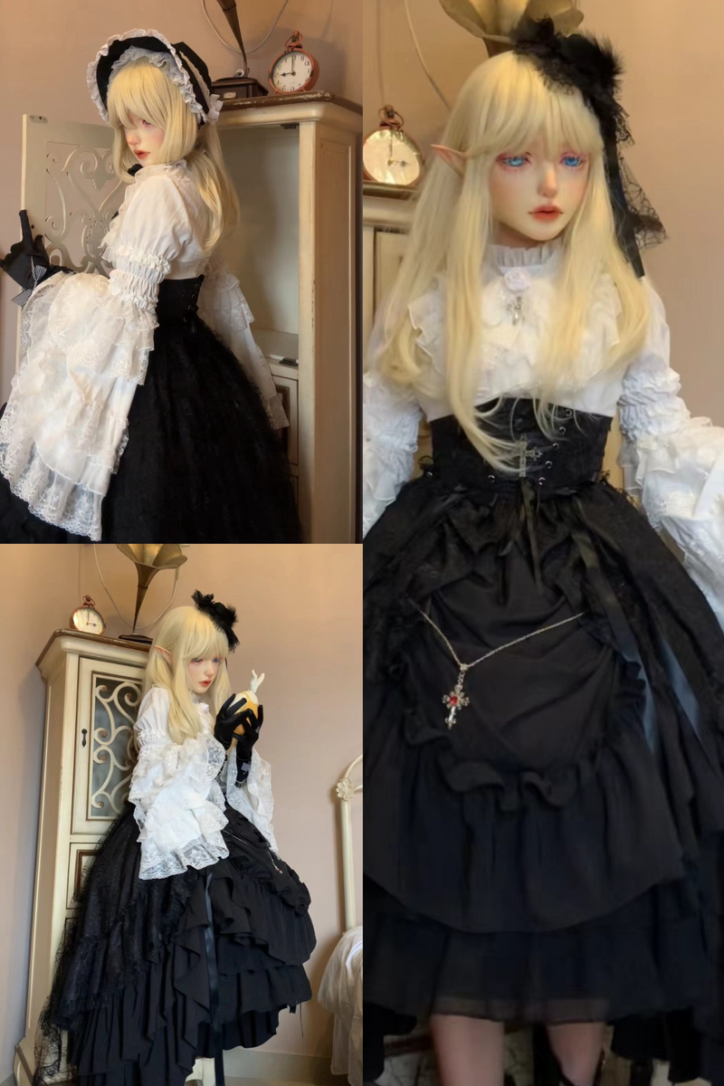 Gothic Super Jisleeve Lolita Shirt + Ruffle Skirt + Hat