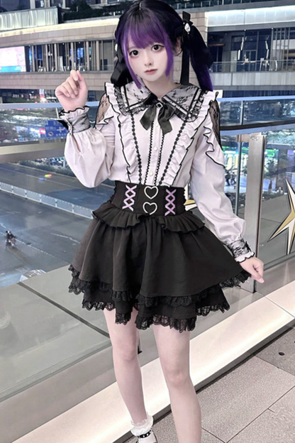 Lace Dark Shirt + Flare Skirt