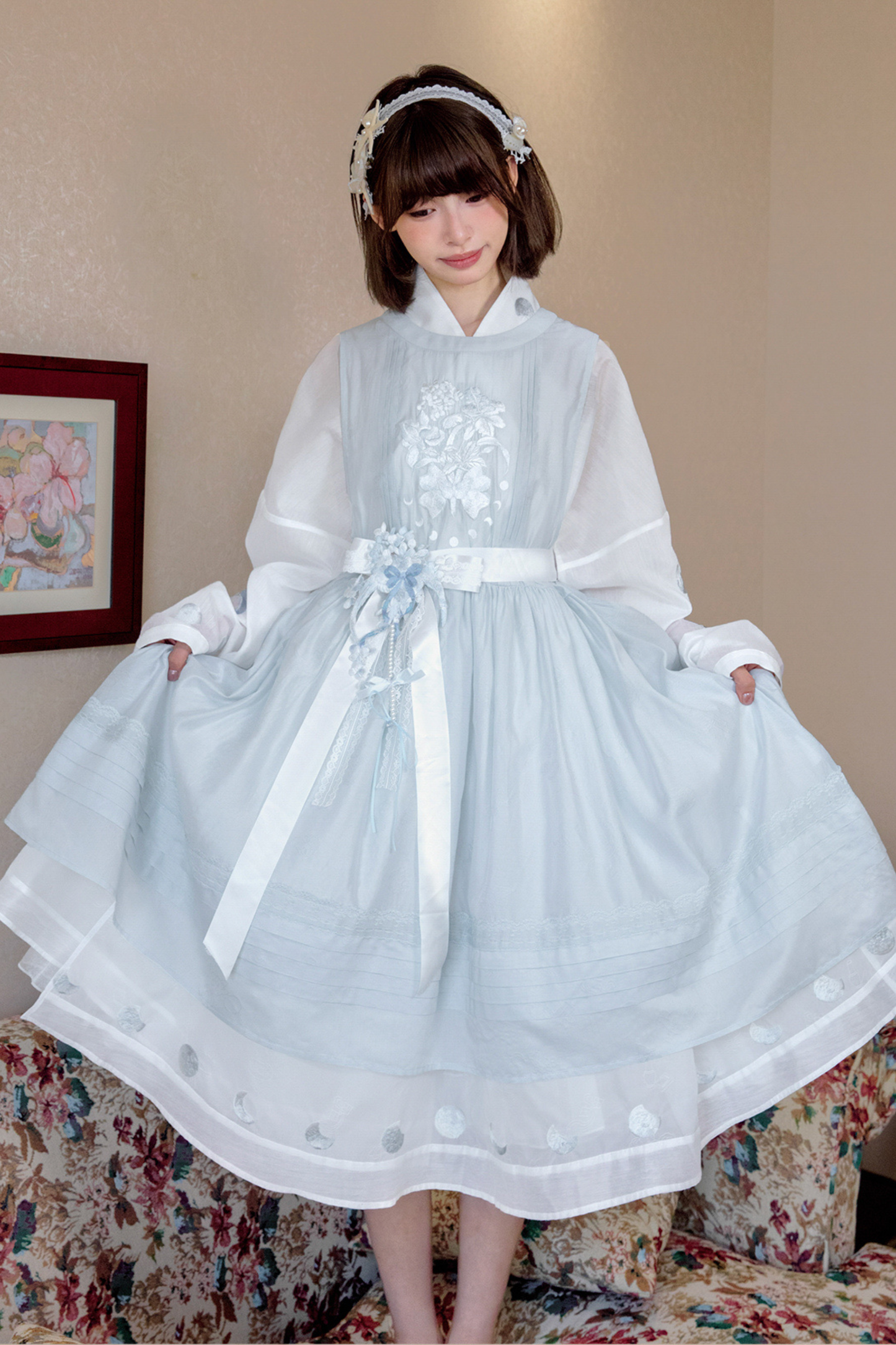 Pure White Chinese Dress + Cover Apron + Belt