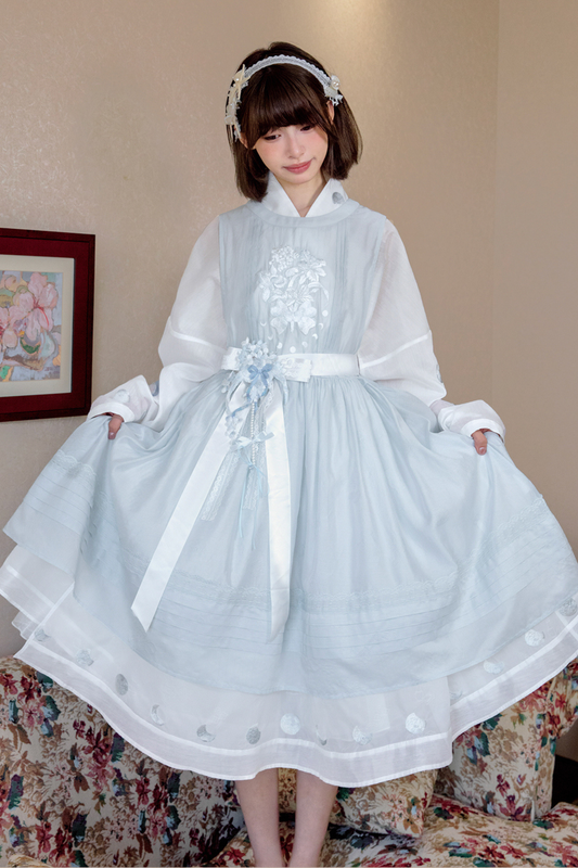 Pure White Chinese Dress + Cover Apron + Belt