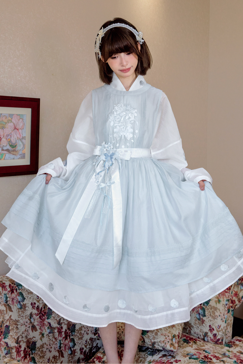 Pure White Chinese Dress + Cover Apron + Belt
