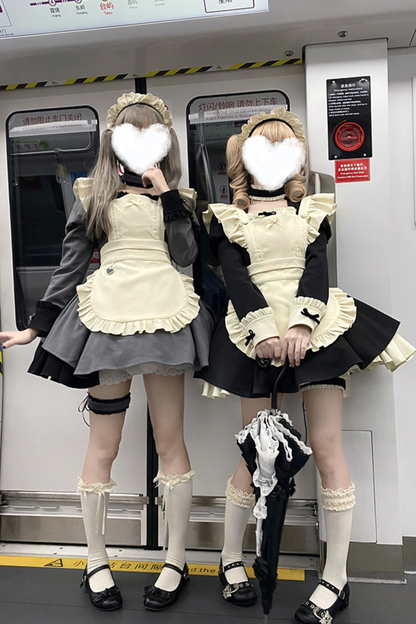 Twin Ruffle Maid Lolita Dress + Apron + Choker + Headband + Bow + Leg Warmers