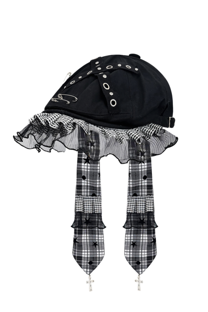 Cross Plaid Lace Bunny Hat