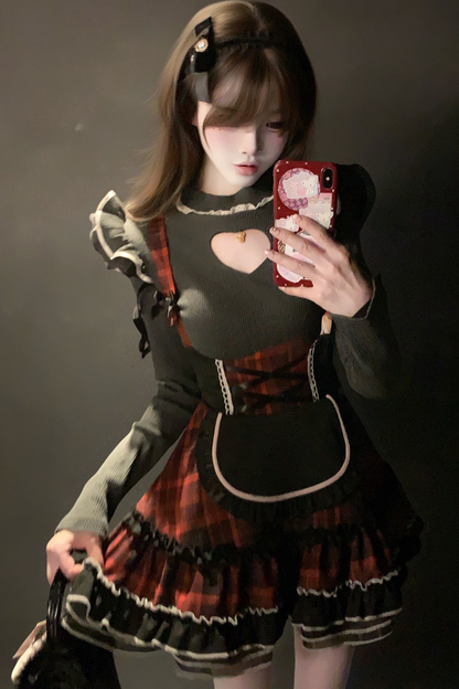 Love Neckline Top + Plaid Skirt