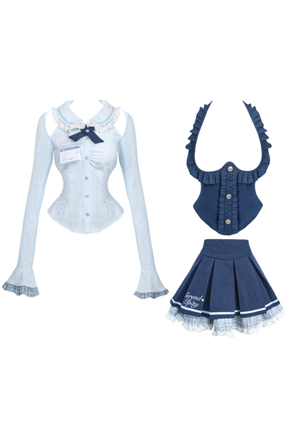 Ice Blue Shirt + Halter Neck Vest + Plaid Skirt