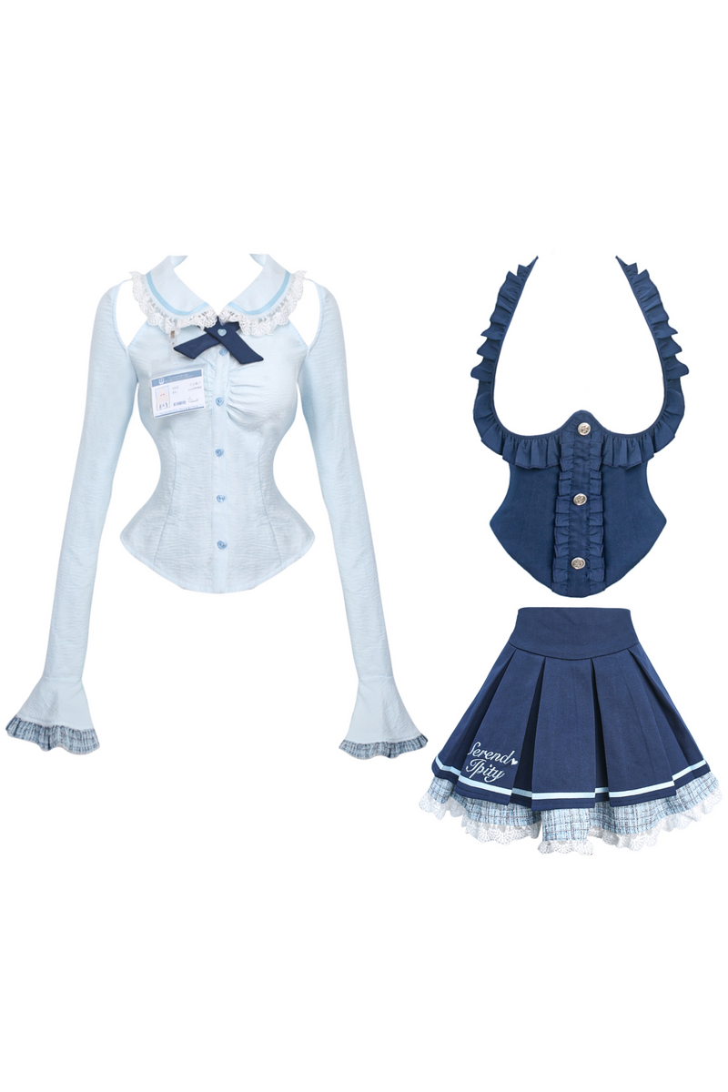 Ice Blue Shirt + Halter Neck Vest + Plaid Skirt